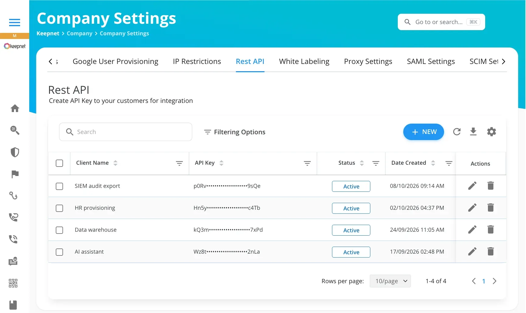 Keepnet console, Company Settings, Rest API: a list of API clients with masked keys and a New button