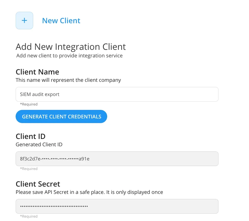 Keepnet console, New Client form: client name, Generate Client Credentials, Client ID and a Client Secret shown once