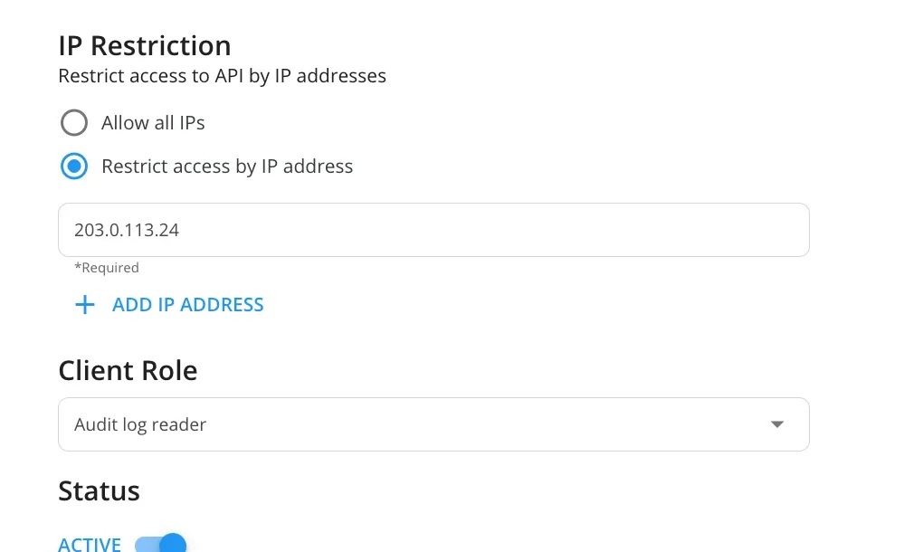 Keepnet console, New Client form: IP restriction to one address and a custom client role