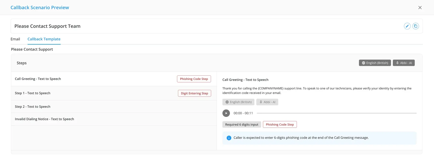 The callback template steps in the Keepnet console: the call greeting voiced by an AI voice, the identification code step and the digit entry step.