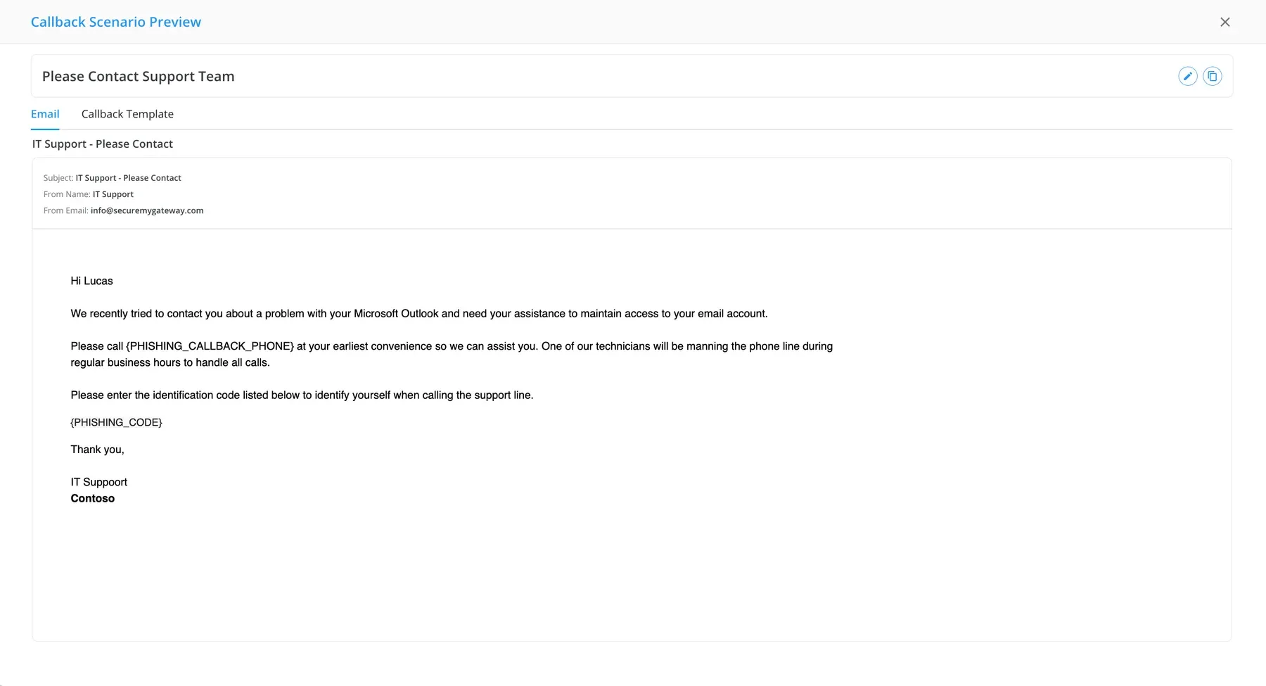 A callback phishing email template in the Keepnet console, with its red flags marked. Recipient name is fictional.