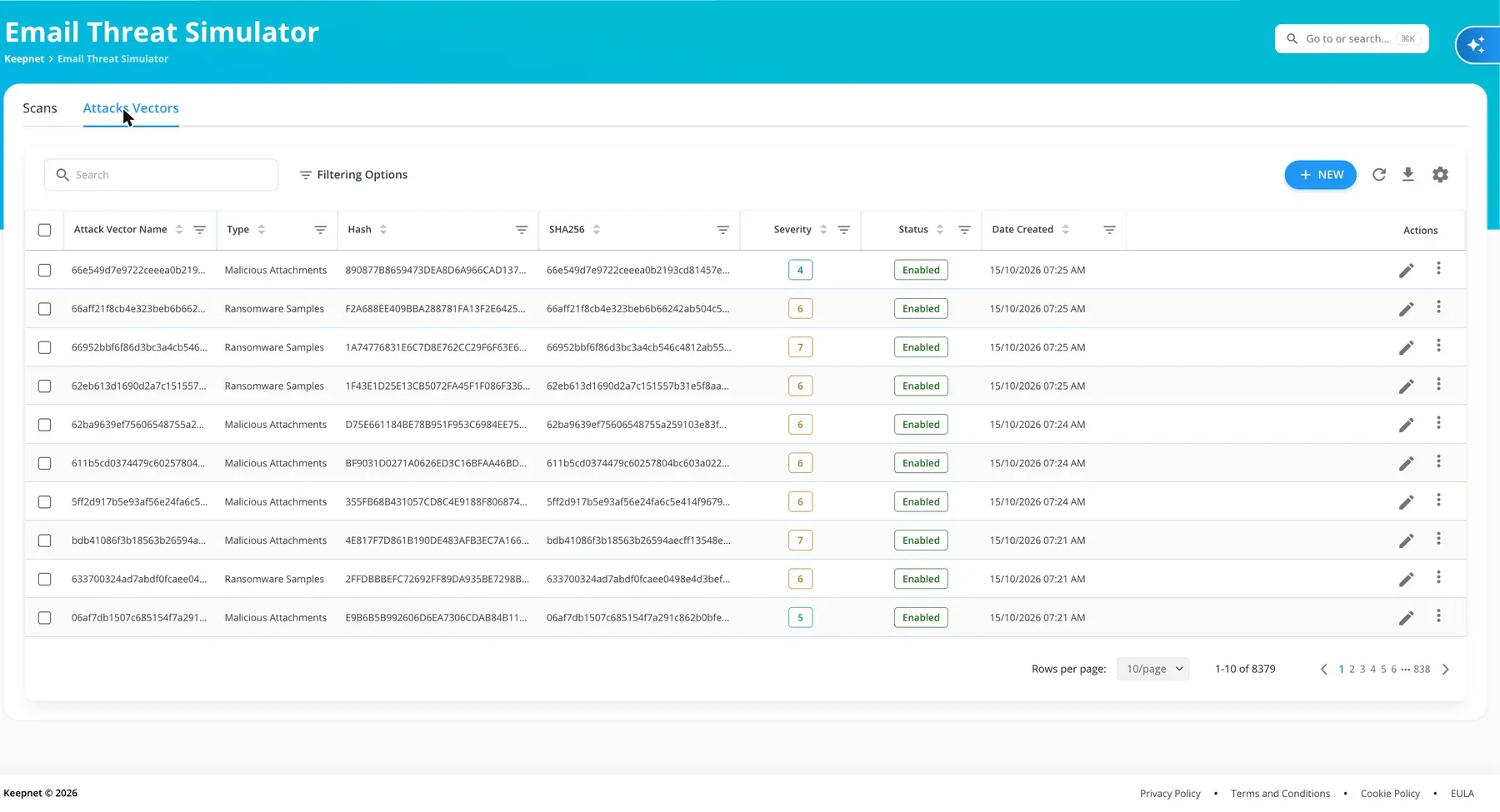 The Email Threat Simulator attack vector library in the Keepnet console: 8,300+ vectors, each with a category, severity and enabled status, updated this month.