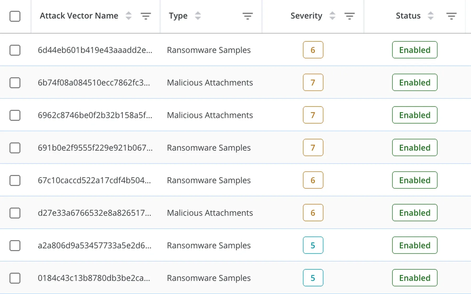 The attack vector library in the Keepnet console: ransomware and malicious attachment samples, each with a severity and an enabled status.