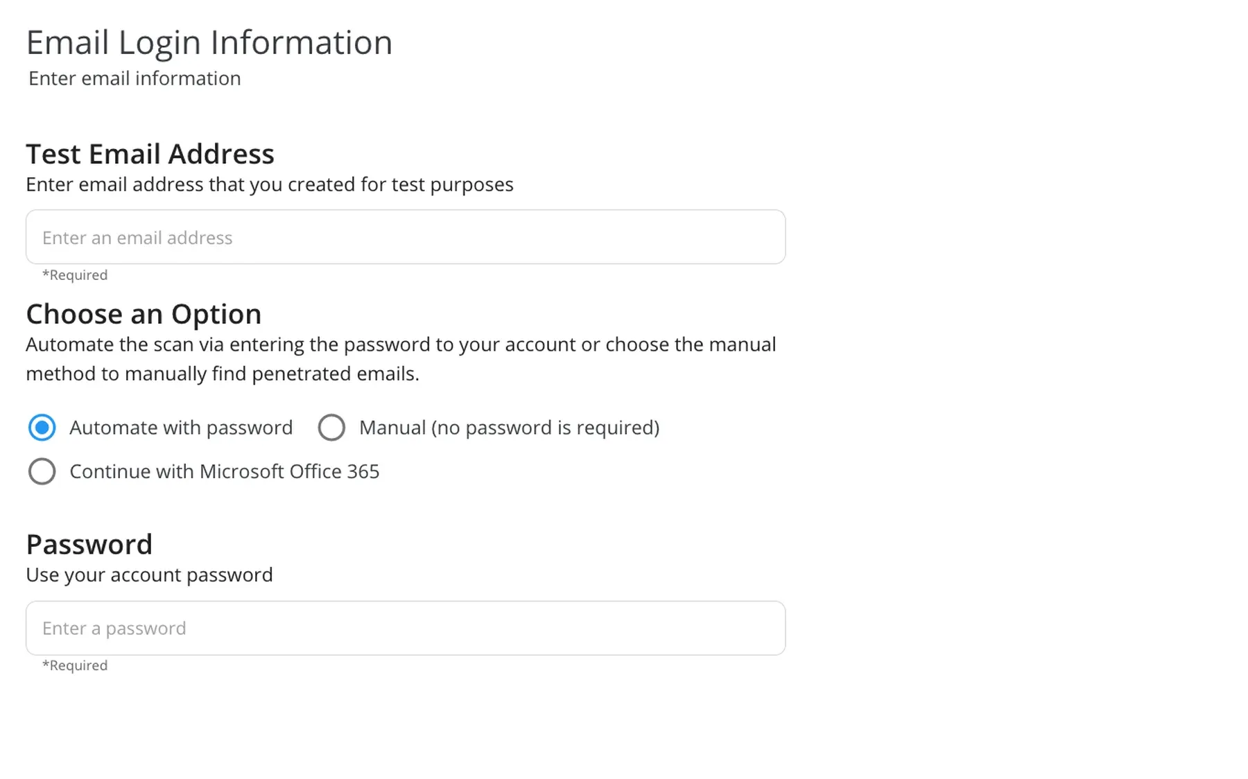 The new-scan form in the Keepnet console: a test email address, with options for a password, manual, or Microsoft Office 365.