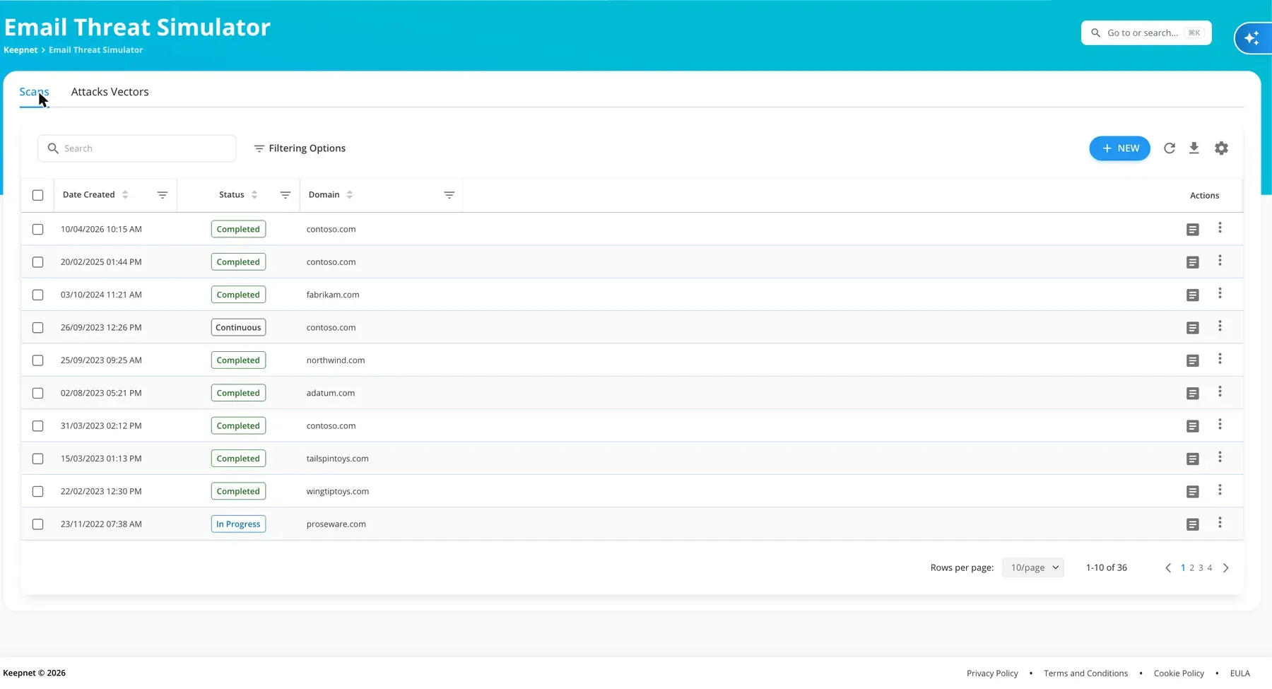 The scans list in the Keepnet console: scans by test mailbox domain, completed or running continuously. Domains are fictional.