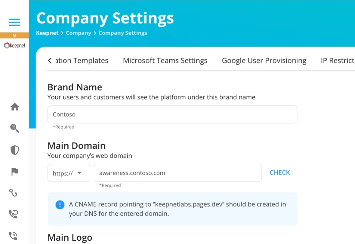 Keepnet White Labeling settings with brand name Contoso and domain awareness.contoso.com