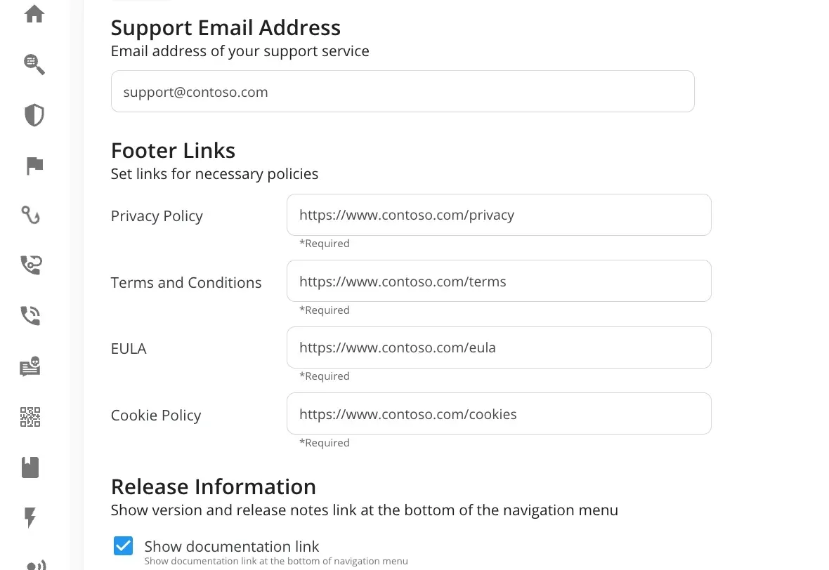 Keepnet White Labeling settings with support email and footer policy links
