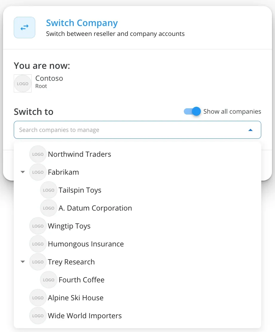 Keepnet console Switch Company dialog showing Contoso as root with client companies and the reseller Fabrikam and its clients in a tree