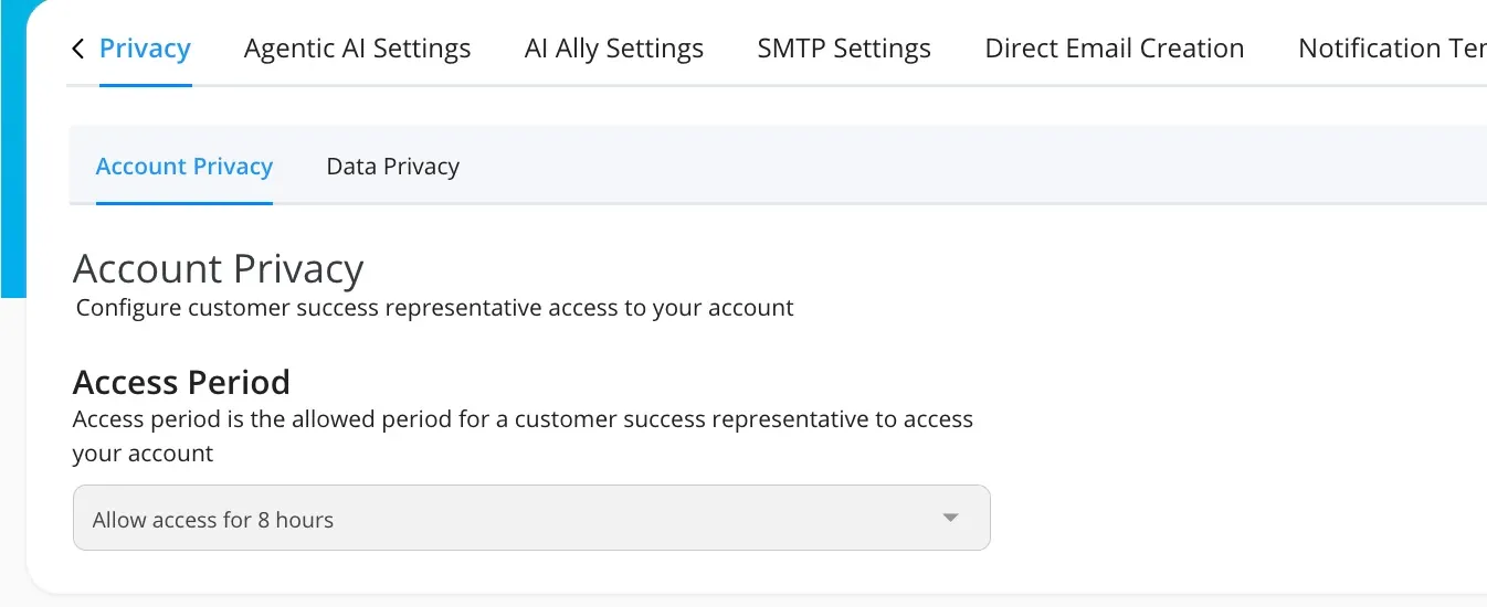 Keepnet Account Privacy settings with the access period set to allow access for 8 hours