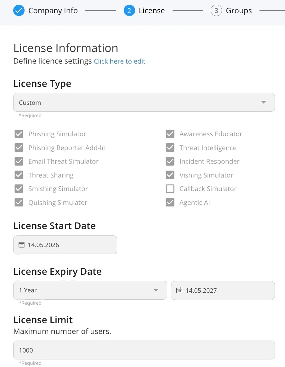 Keepnet Edit Company licence step with product checkboxes, licence start date, expiry date and licence limit