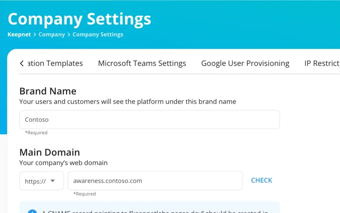 Keepnet White Labeling settings with brand name Contoso and a custom domain