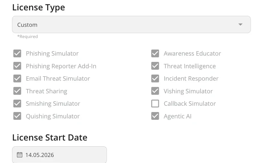 Licence settings in the Keepnet console with products switched on one by one