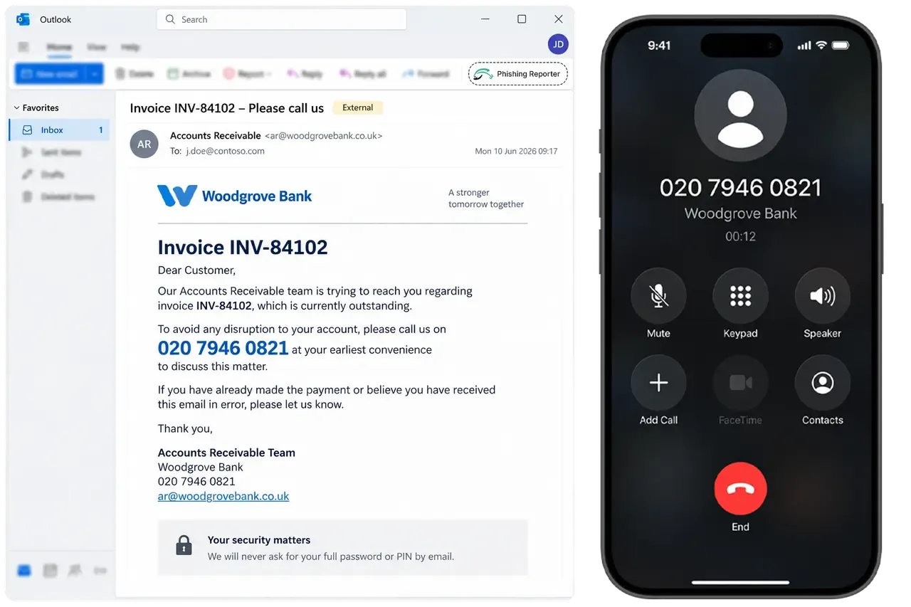 Outlook showing an invoice email that asks the reader to ring a number, next to an iPhone placing that call. The Keepnet Phishing Reporter add-in sits in the toolbar.