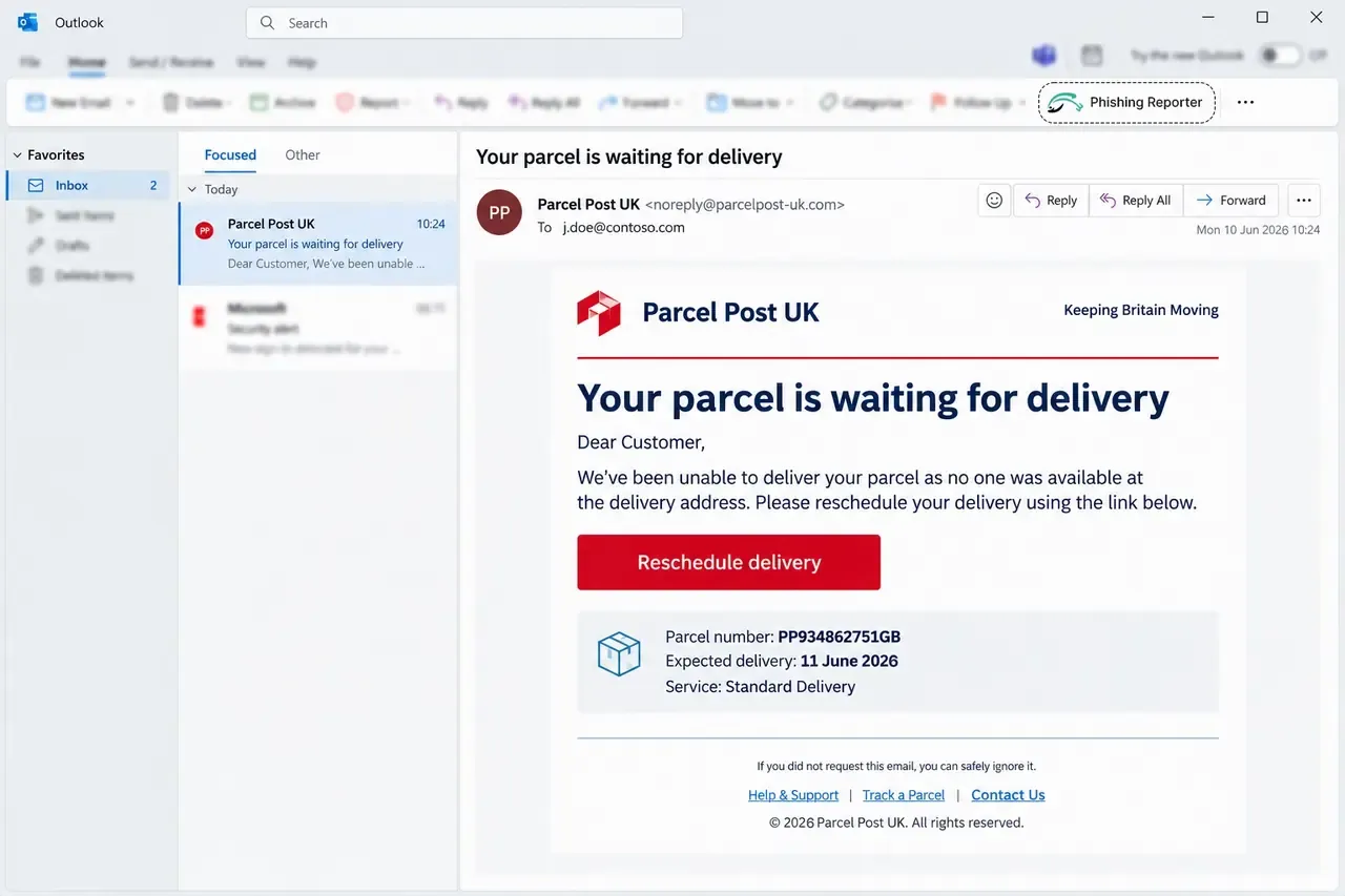 Outlook on a laptop showing a message from Parcel Post UK that claims a parcel is waiting for delivery, with a Reschedule delivery button. The Keepnet Phishing Reporter add-in sits in the toolbar.