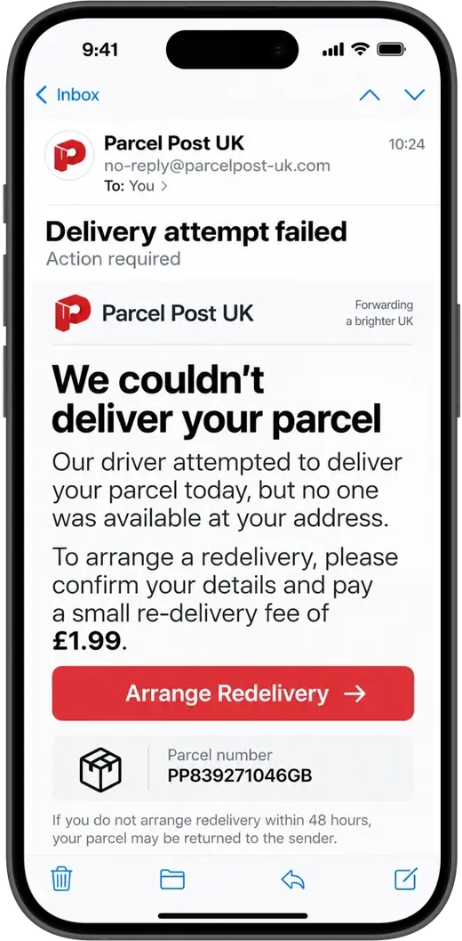 An iPhone mail app showing a message from Parcel Post UK that claims a delivery attempt failed and asks for a small redelivery fee.