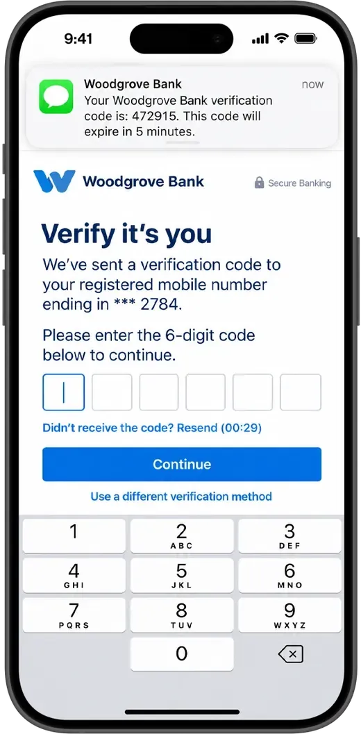 An iPhone showing a verification page that asks for a six-digit code, with the code arriving in a text message banner at the top of the screen.