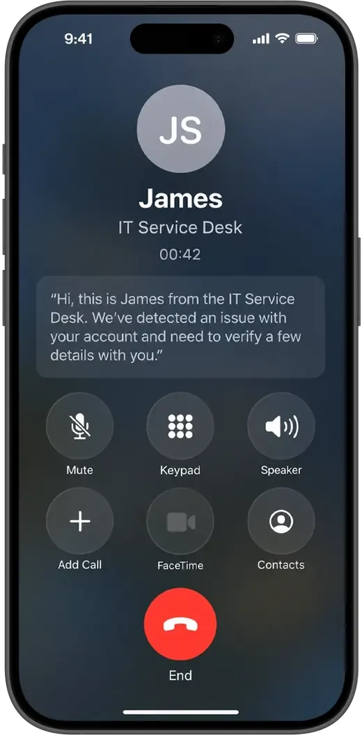 An iPhone call screen. The caller is shown as James from the IT service desk and is asking the person to verify a few account details.