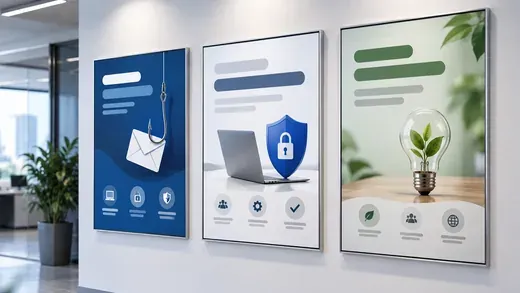 Framed security awareness posters on an office wall.