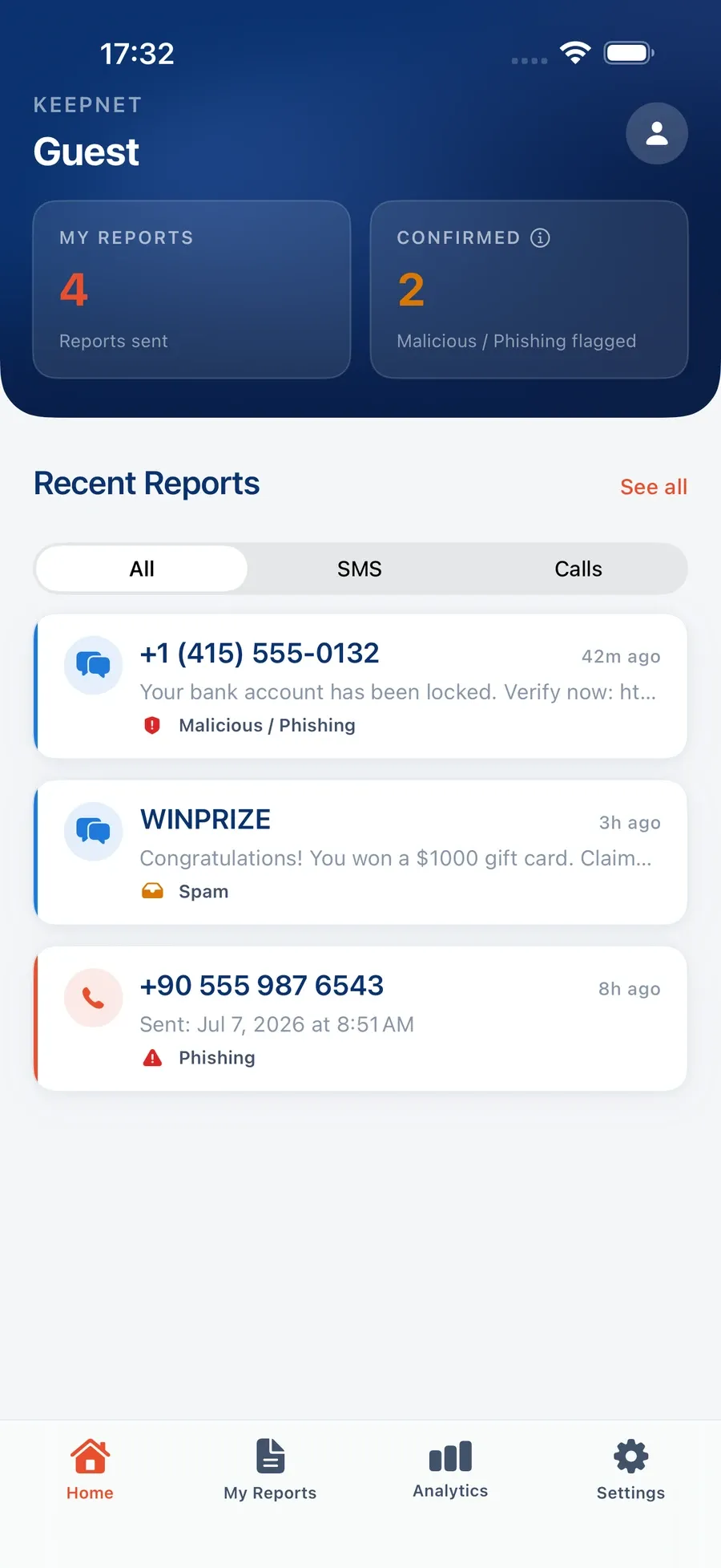 Keepnet SMS and Call Reporter. The app home screen: report counts and recent reports, an SMS marked Malicious / Phishing, an SMS marked Spam and a call marked Phishing.