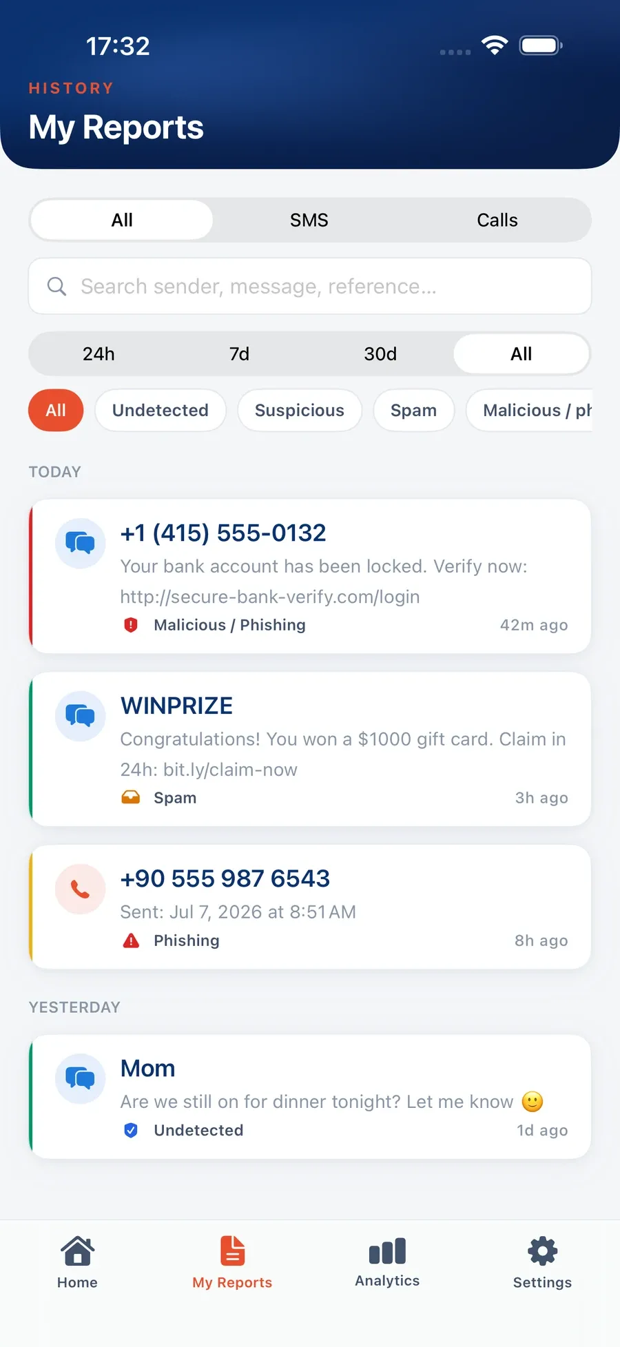 Keepnet SMS and Call Reporter. My Reports: every report the employee has sent, filtered by SMS or calls and by result.