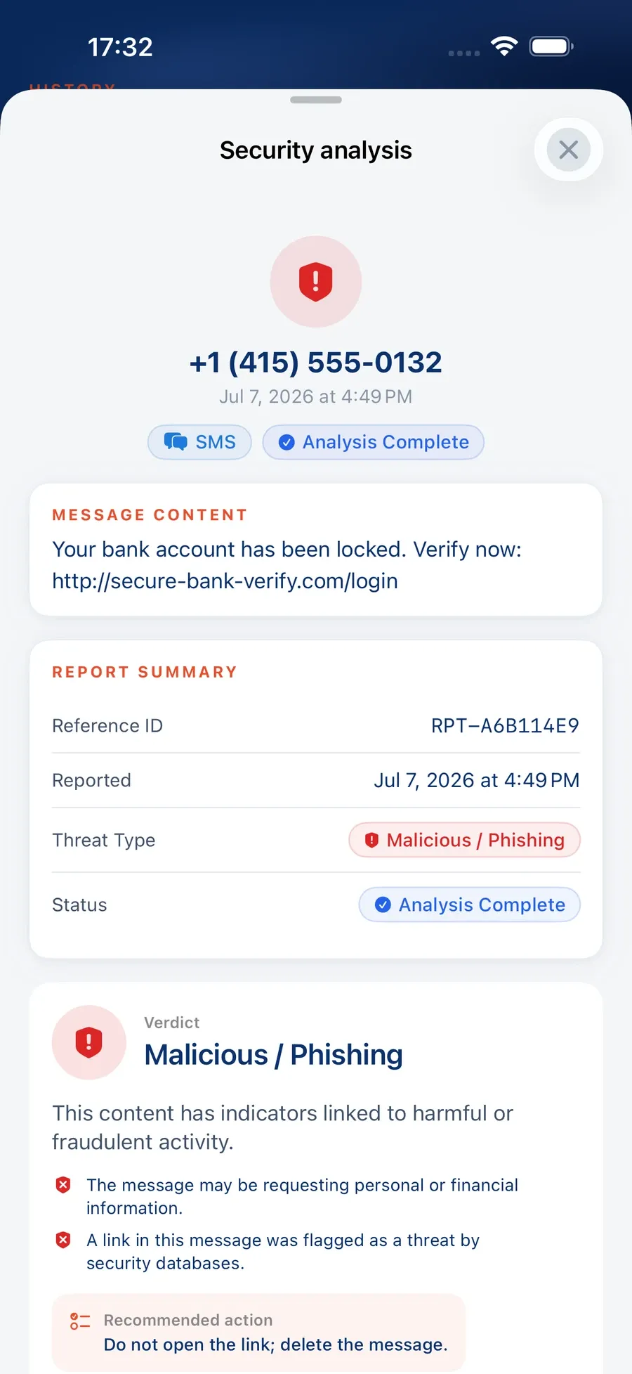 Keepnet SMS and Call Reporter. Security analysis of a reported SMS: verdict Malicious / Phishing, the message, the report reference, the reasons and the recommended action.