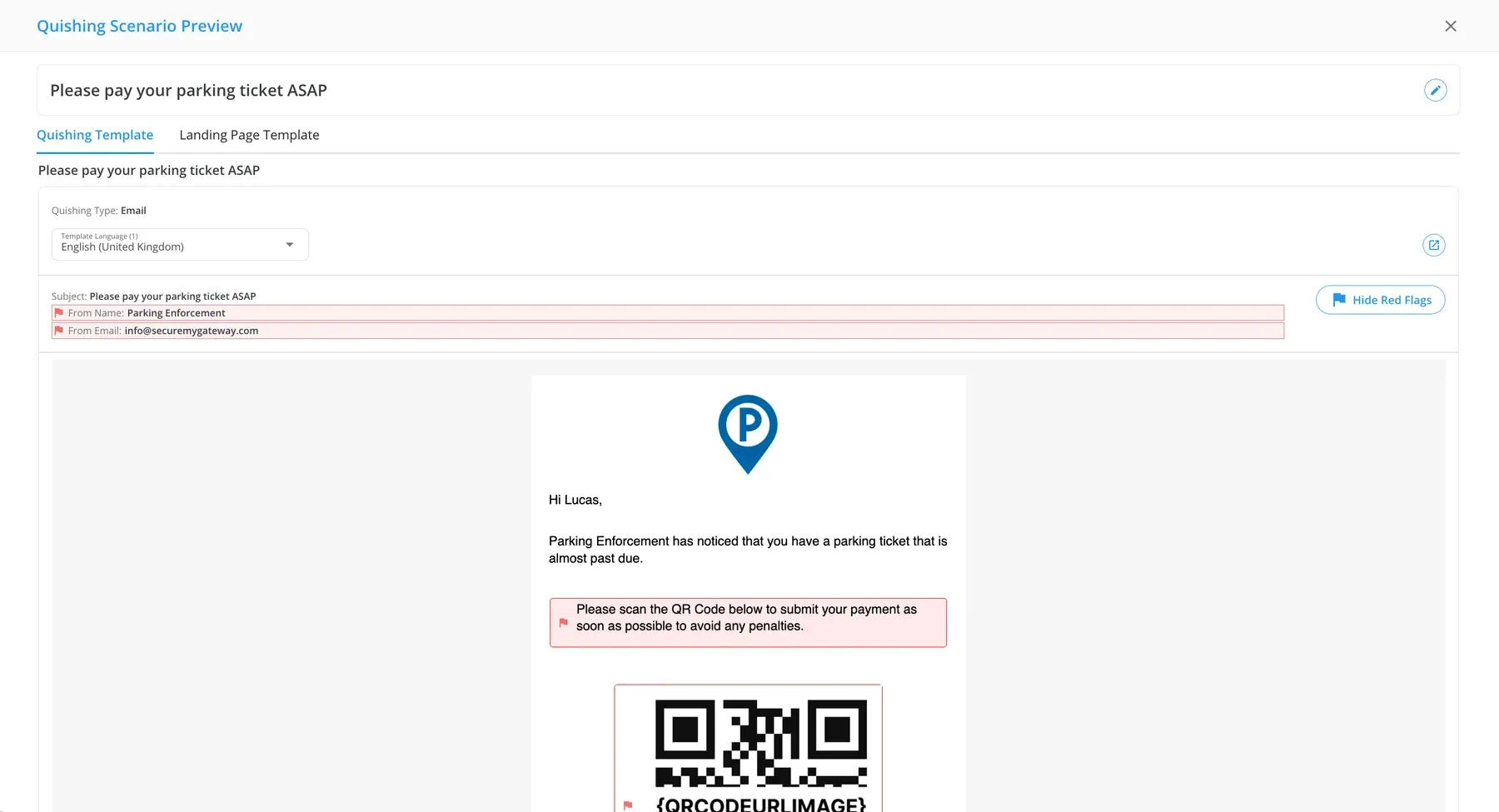 A QR code phishing email template in the Keepnet console, with its red flags marked by AI. Recipient name is fictional.