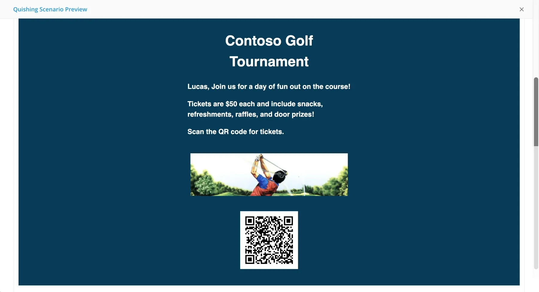 A printable QR code poster scenario in the Keepnet console. Company and employee names are fictional.