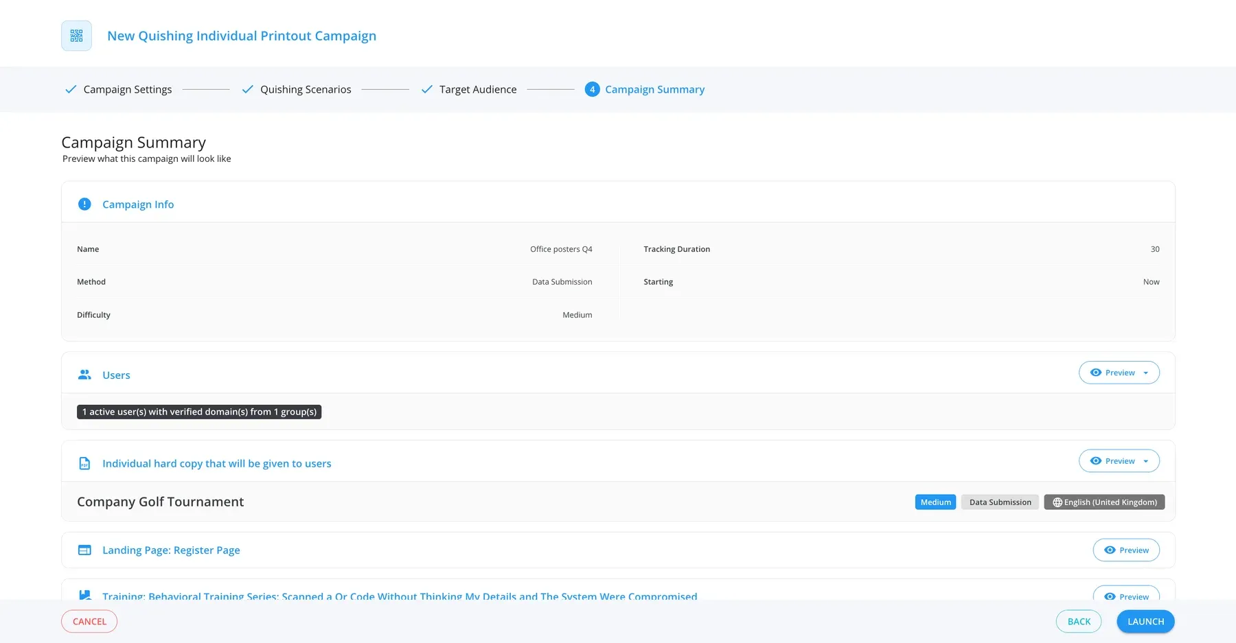 Campaign summary before launch: individual printouts for each employee, the landing page and the training that follows.