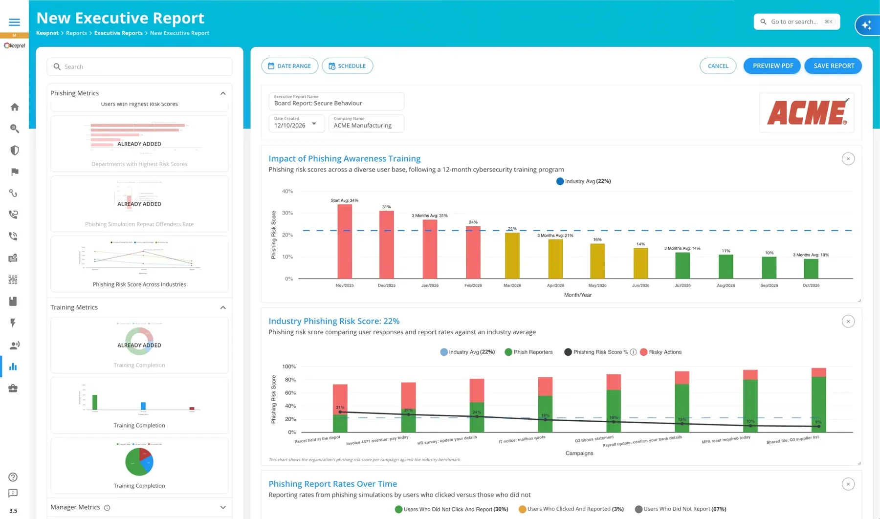 The New Executive Report page: the widget library beside the report, with its training impact and industry risk charts