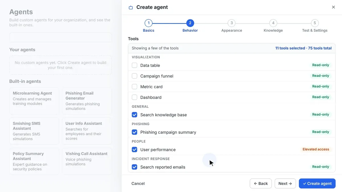 Keepnet Agentic AI, creating an agent: the built-in agents on the left, and the tools the new agent may use, each labelled Read-only or Elevated access.