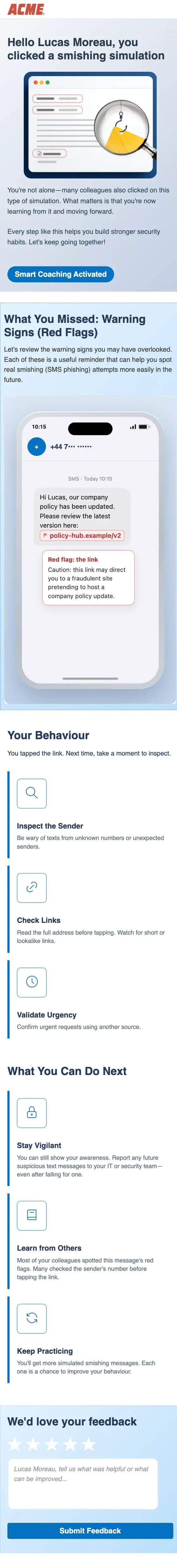 The full coaching page on a phone: a supportive note to Lucas Moreau after the tap; What You Missed, the SMS with its link flagged; Your Behaviour, check the sender, links and urgency; What You Can Do Next, report and keep practising.