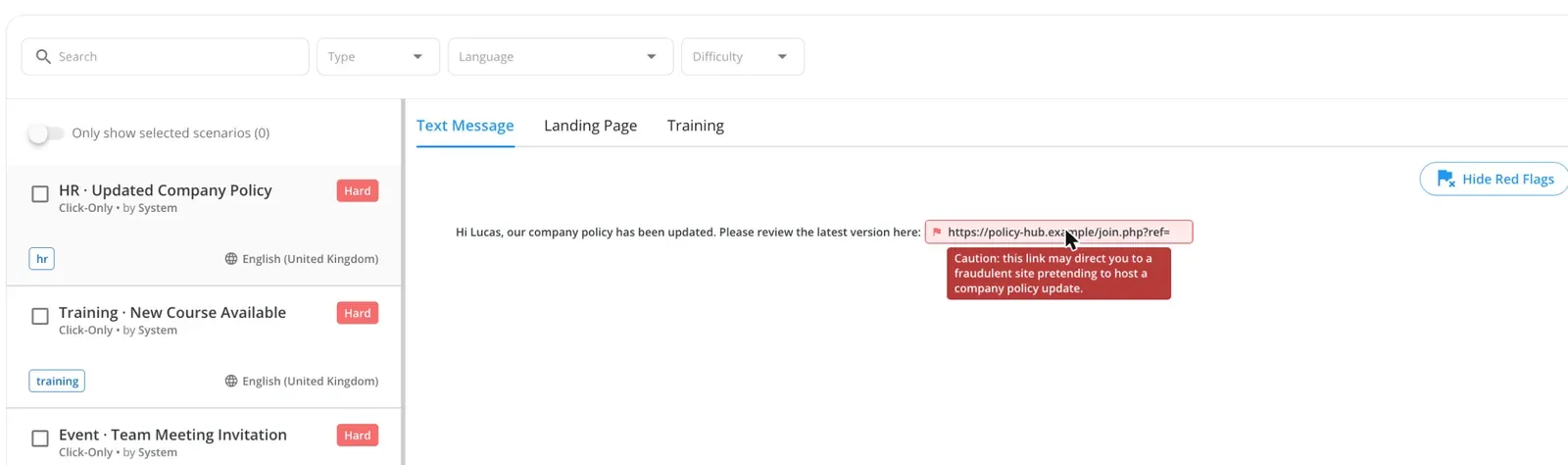 The Keepnet console scenario picker. The Text Message tab shows an HR policy update SMS, with its link marked as a red flag: the link may lead to a fraudulent site pretending to host a company policy update.