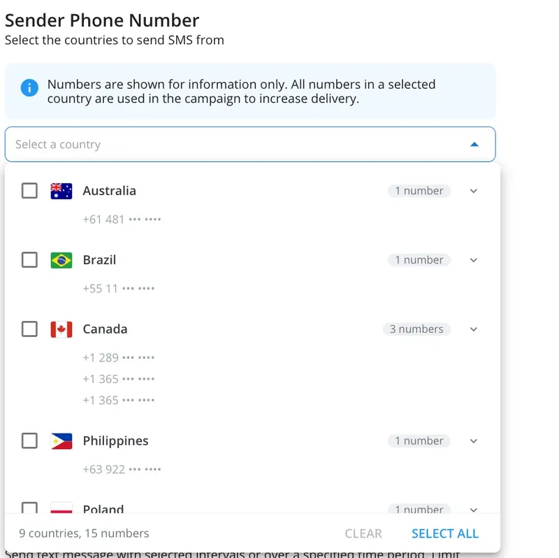 The SMS Settings step of a smishing campaign: choose the countries to send from. Australia, Brazil, Canada, the Philippines and Poland are listed with masked sender numbers; 10 countries and 20 numbers in total.