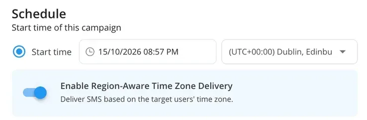 The schedule step with Region-Aware Time Zone Delivery switched on: employees receive the campaign at the chosen local time.