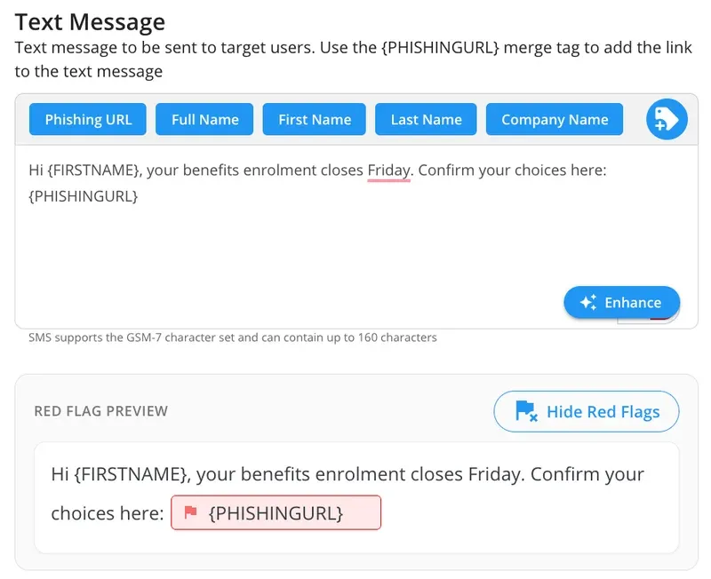 The Keepnet SMS template editor: merge tag buttons for phishing URL, full name, first name, last name and company name, an AI Enhance button, and a red flag preview that marks the link in the draft SMS.