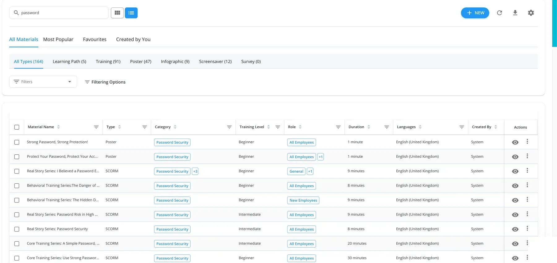 The training library in the Keepnet console, filtered to password trainings to send to an exposed employee.