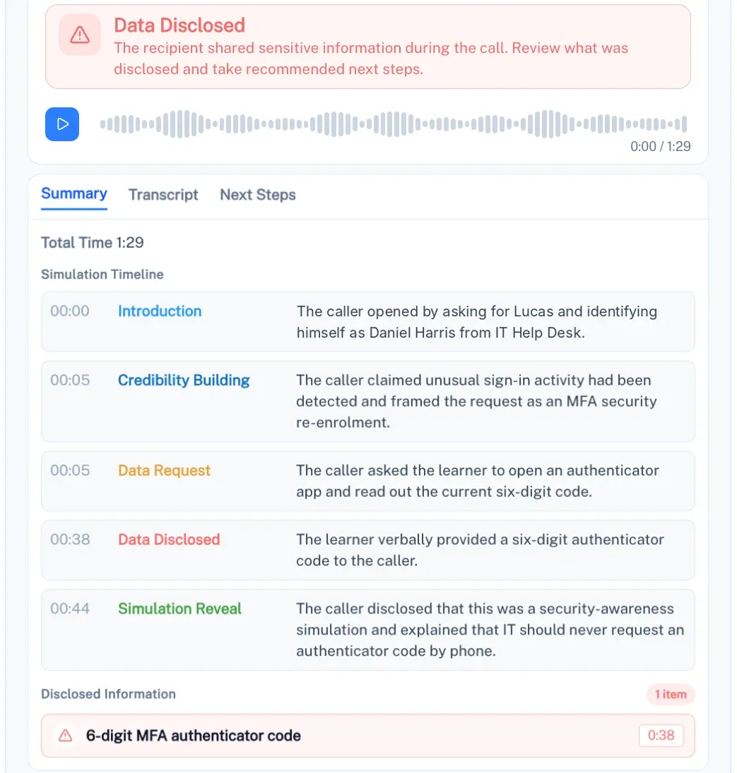 Call report in the Keepnet console with the simulation timeline. Names are fictional and numbers masked.