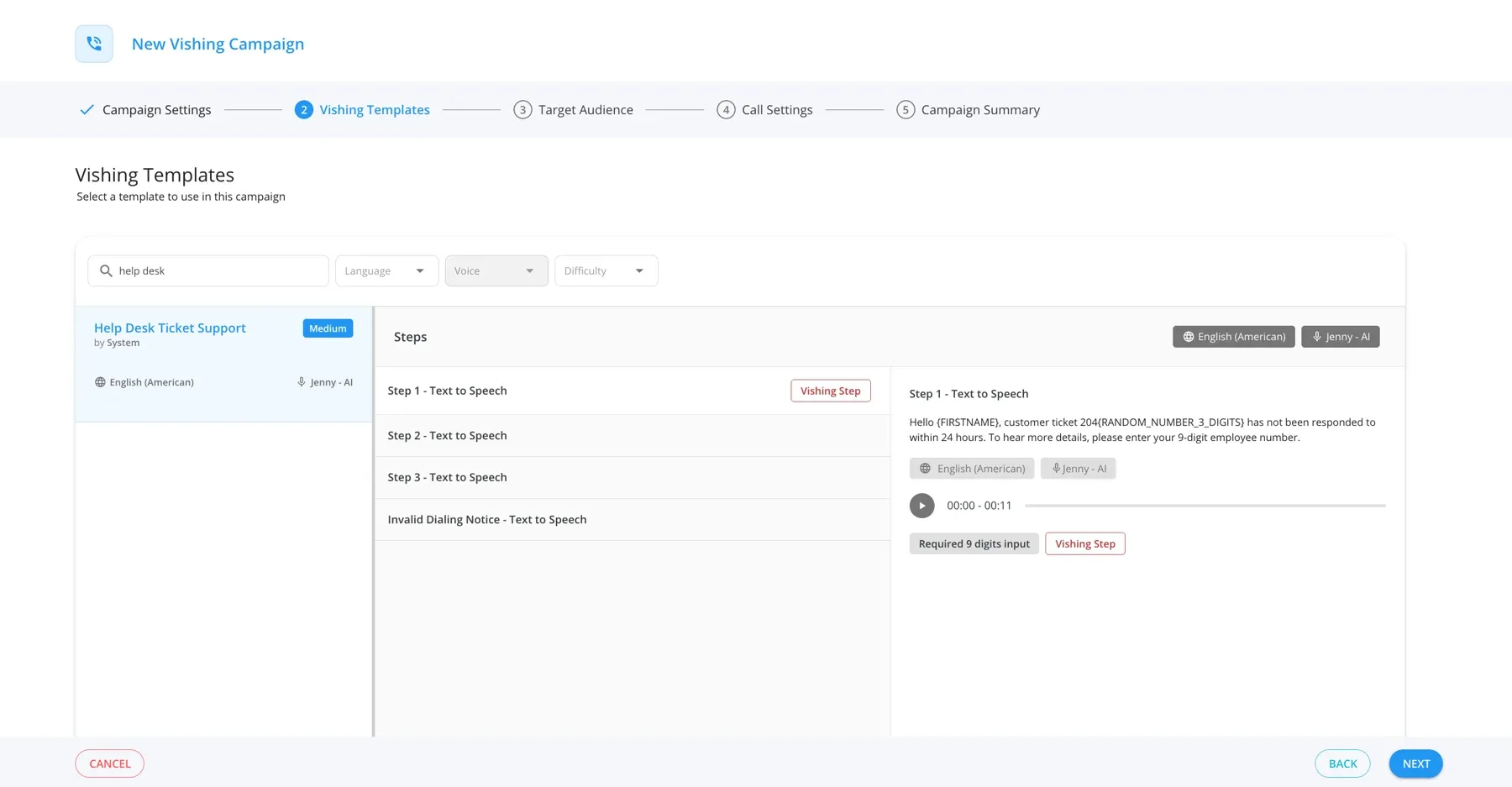 Choosing a vishing template in the Keepnet campaign wizard: the Help Desk Ticket Support template, its text-to-speech steps and the first step's script, in English (American) with an AI voice.