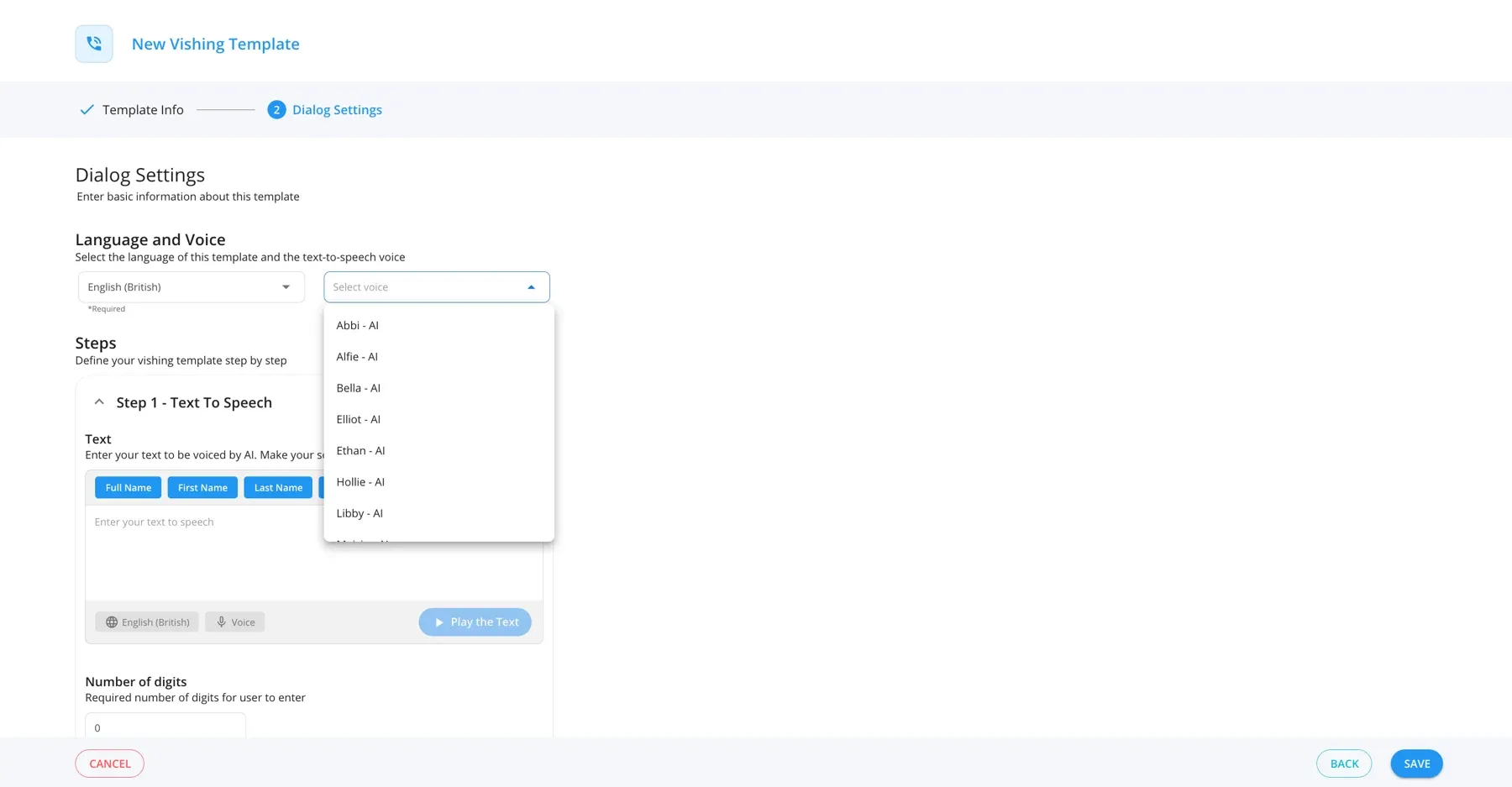 A new vishing template in the Keepnet console: the template's language, the text-to-speech voice picked from a list of AI voices, and the first step's text.