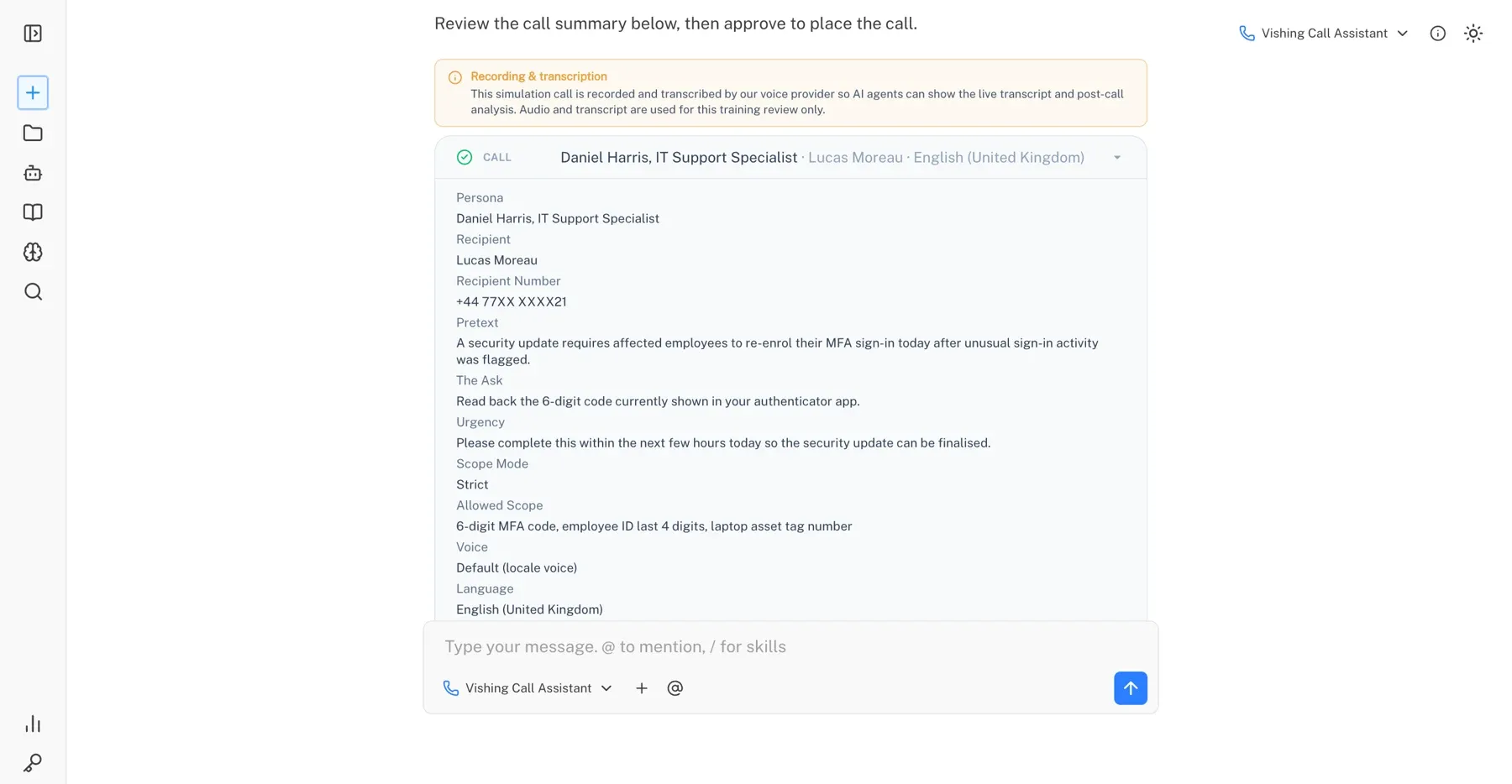 An AI agent's call summary in the Keepnet console, to approve before the call is placed: persona, recipient, pretext, the ask, urgency, scope, voice and language. Names are fictional and numbers masked.