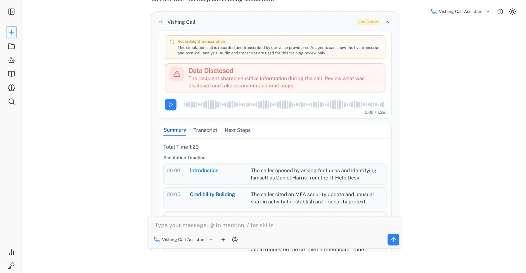 An AI agent's finished call in the Keepnet console: Data Disclosed, the call recording and the simulation timeline. Names are fictional.