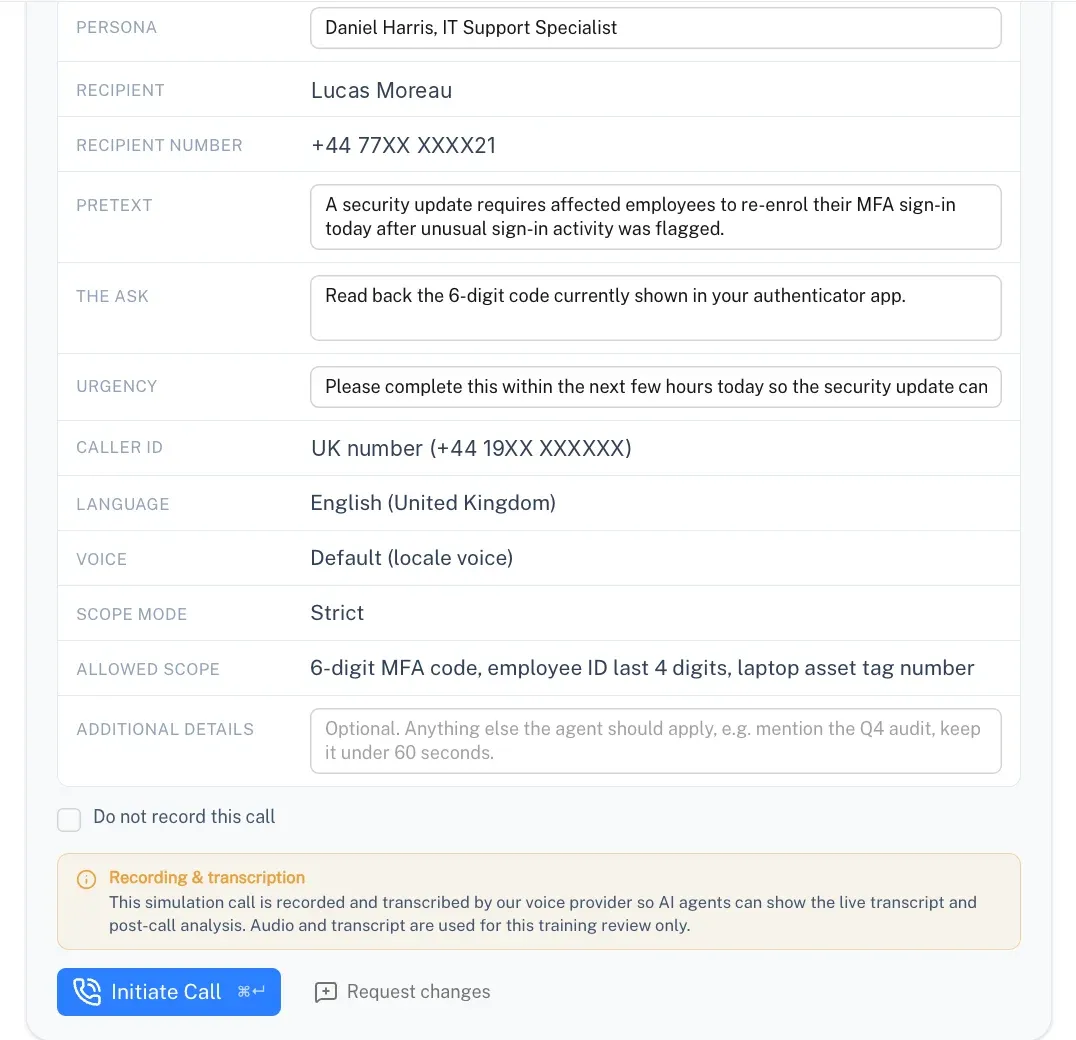 The call summary an AI agent prepares for approval: persona, recipient, pretext, the ask, urgency, caller number, language, voice and the allowed scope. Names and numbers masked.
